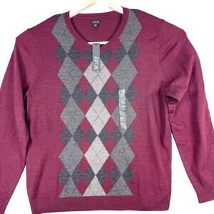 Apt 9 Sweater Mens 2XL Burgundy Merino Wool Argyle V Neck Long‎ Sleeve Kohls